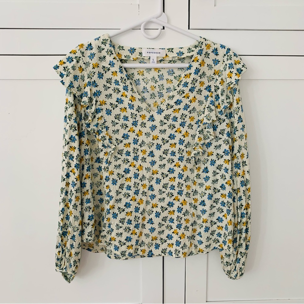 Popsugar Blue/Yellow/Green Floral Ruffle Blouse Size Large